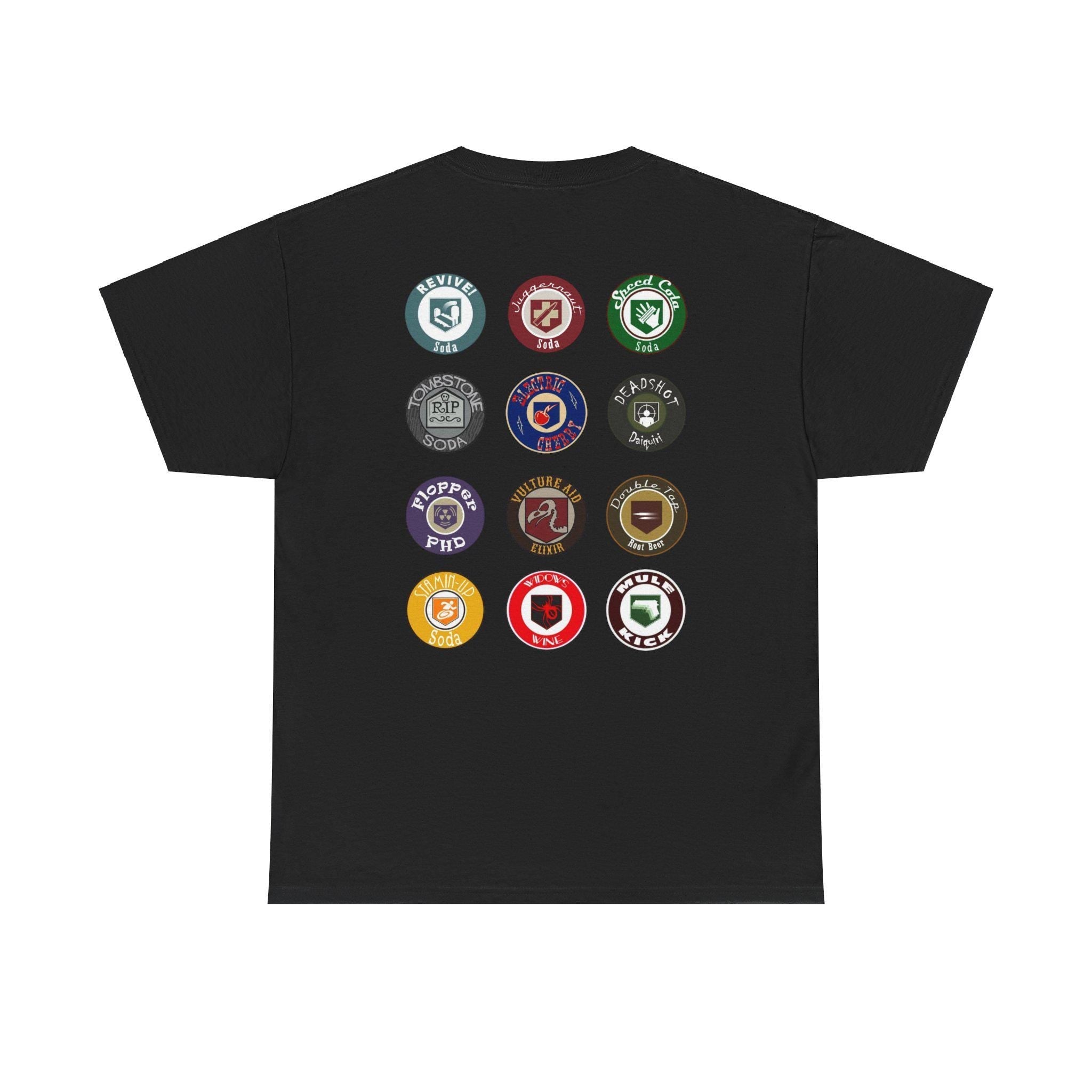 Perkaholic Tee Shirt - Celebrate Gaming with Iconic Perk Symbols on the Back - Unisex Heavy Cotton Tee