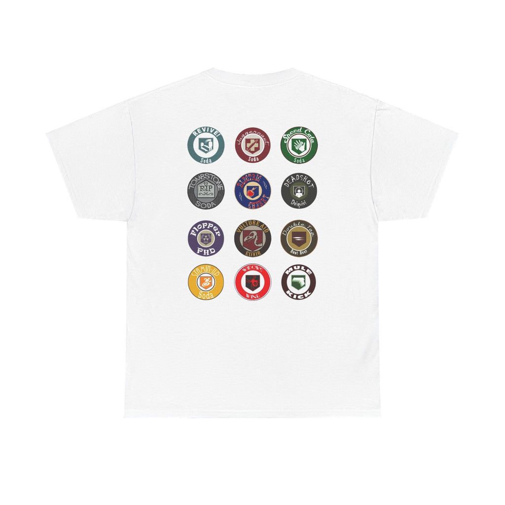Perkaholic Tee Shirt - Celebrate Gaming with Iconic Perk Symbols on the Back - Unisex Heavy Cotton Tee