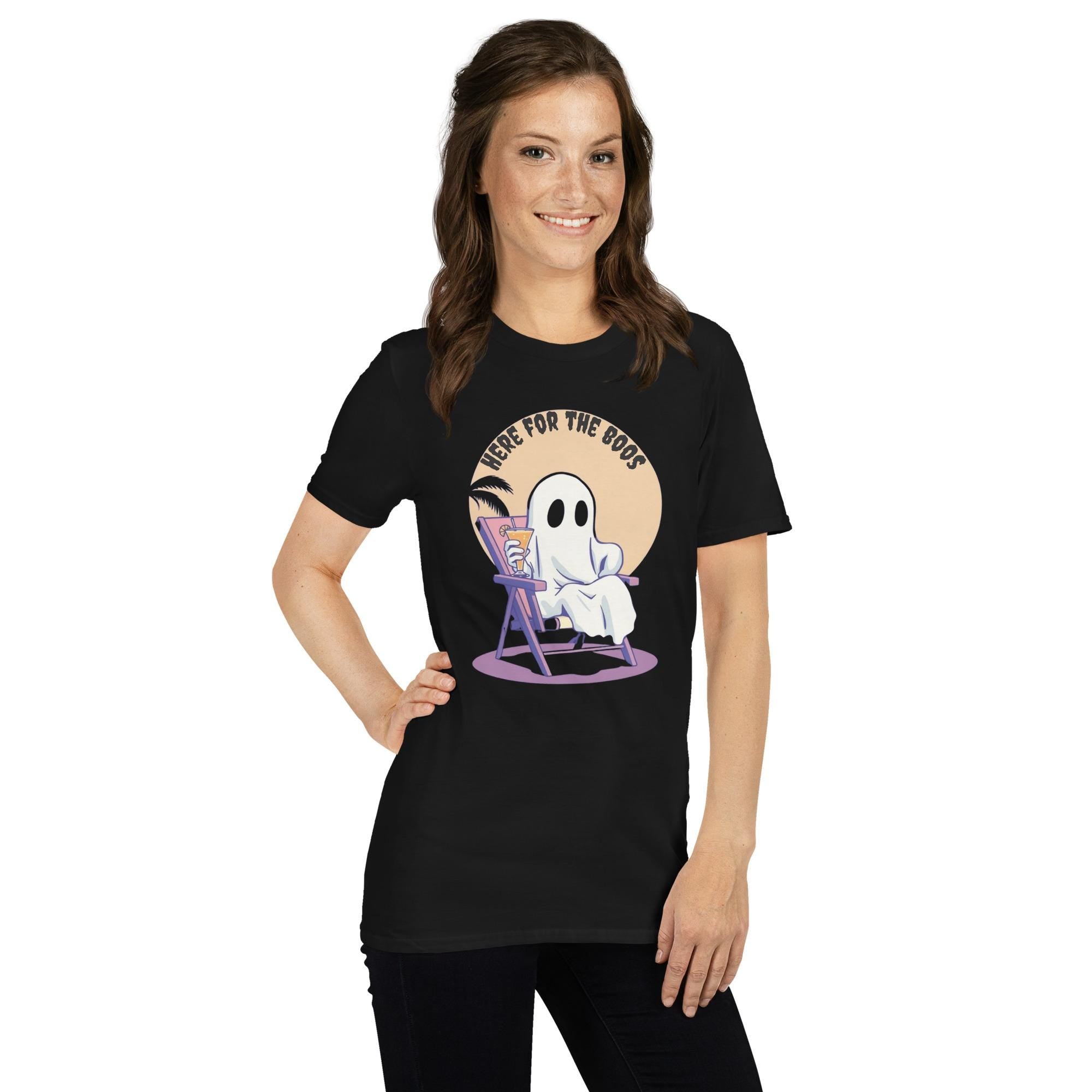 Here for the Boos Funny Soft Style T-Shirt, Halloween Shirt, Ghost Graphic Tee, Spooky Tee, Casual Halloween Tee, Boo Shirt, Halloween Gift