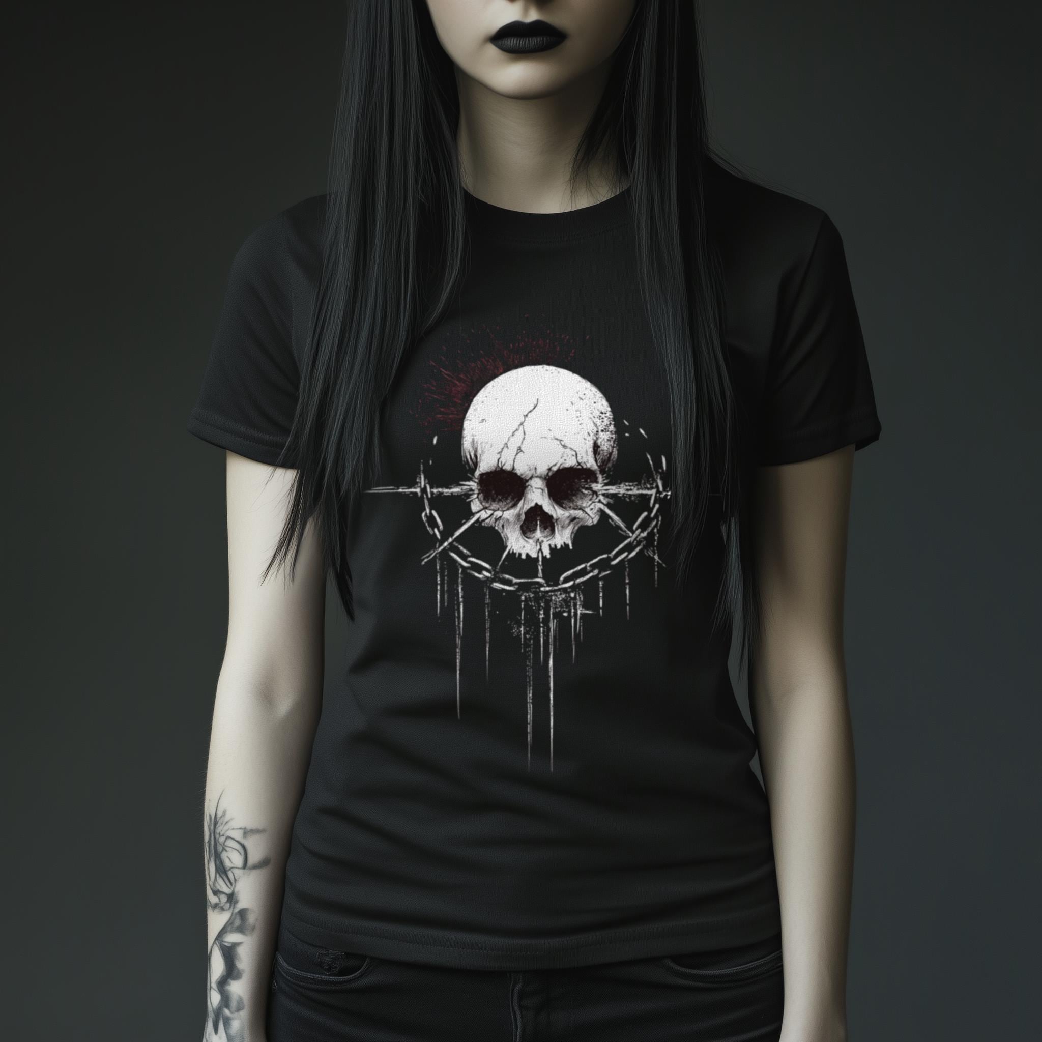 Gothic Skull Chain T-Shirt â€“ Horror Skeleton Shirt, Black Metal Alternative, Dark Academia, Folk Horror, Grunge & Weirdcore Gift Idea