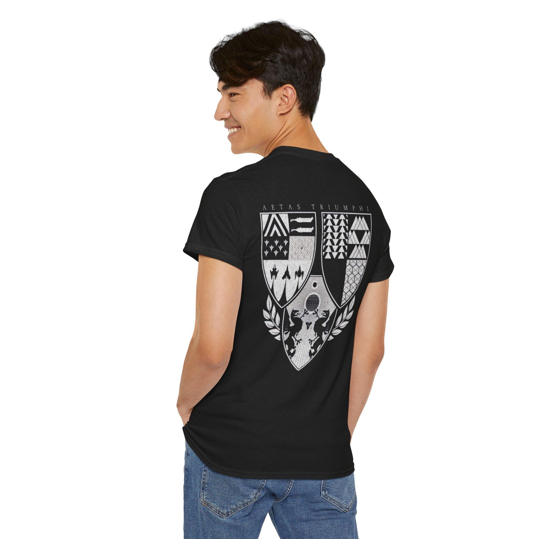 Rise as a Guardian with This Destiny-Inspired Tee â€“ Featuring The Traveler Design and Aetas Triumphi Crest, A Tribute to Triumphs!