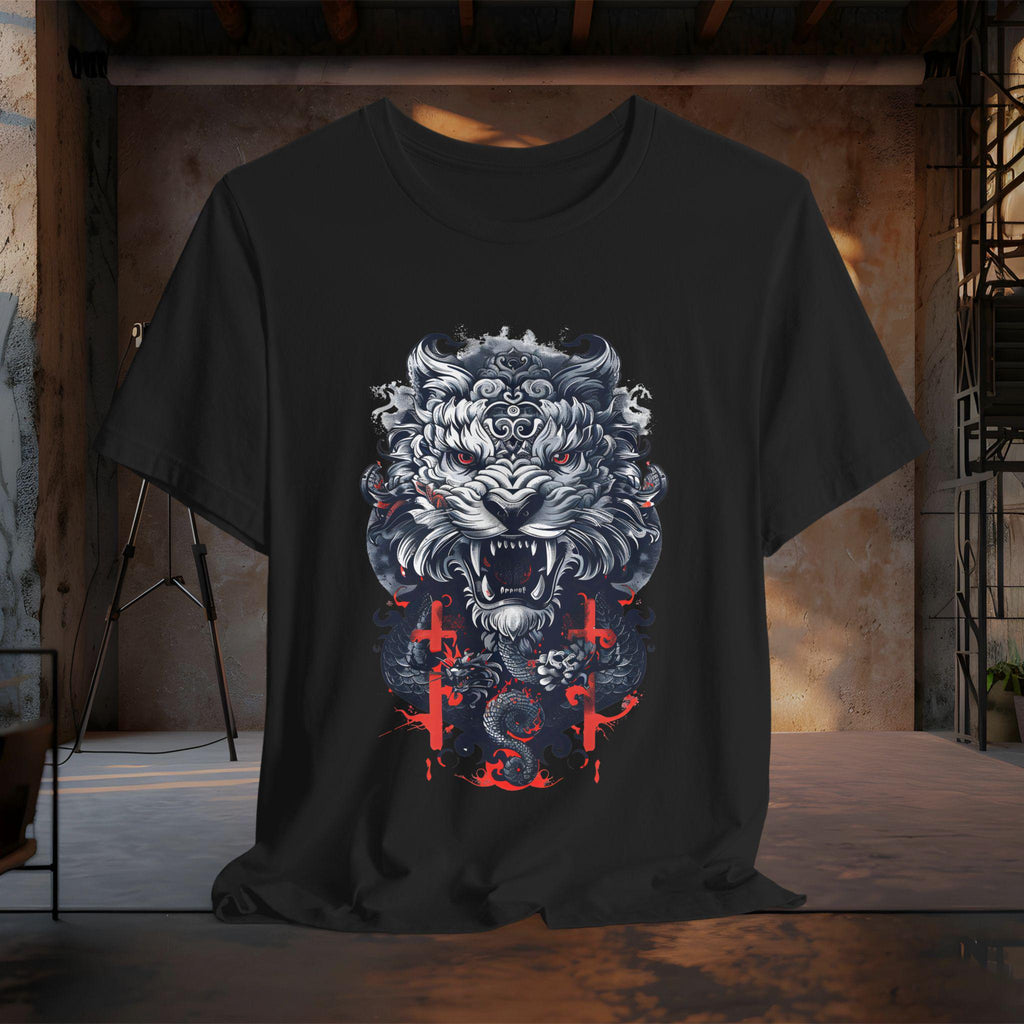 Fierce Tiger Graphic Tee, Japanese Tiger and Dragon T-Shirt | Dark Gothic Samurai Shirt | Tattoo Style Tiger Graphic Tee