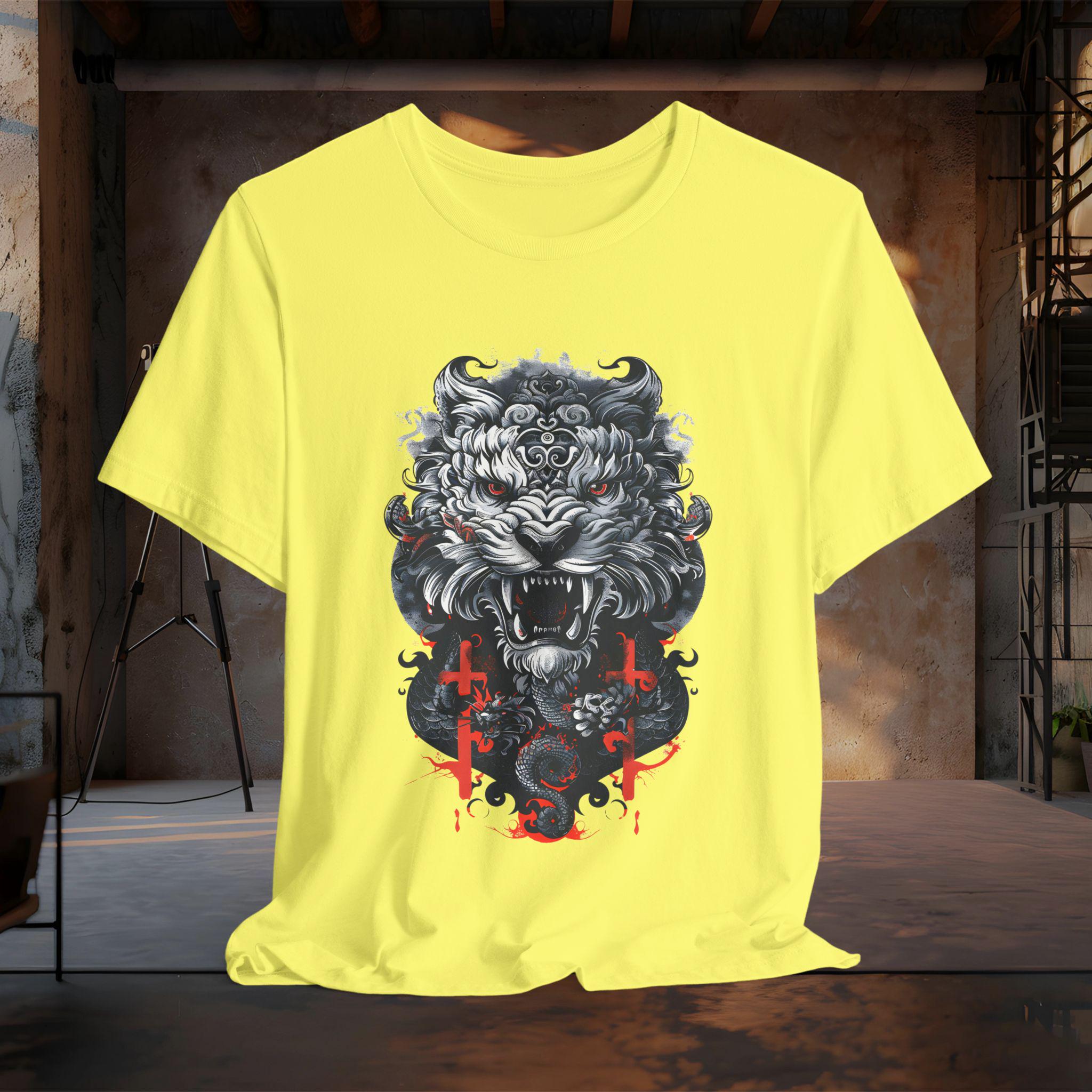 Fierce Tiger Graphic Tee, Japanese Tiger and Dragon T-Shirt | Dark Gothic Samurai Shirt | Tattoo Style Tiger Graphic Tee