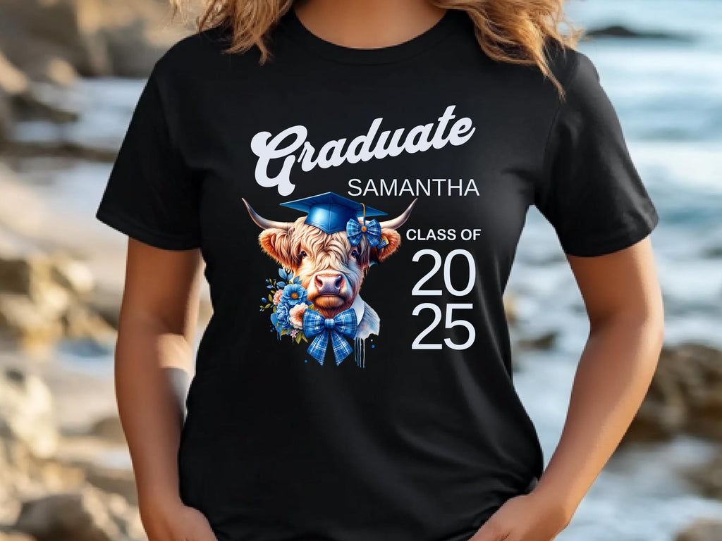 Graduation T-Shirt with Custom Name, Personalized Graduate Shirt, Graduation Gift, High School College Graduation Apparel, Coquette Bow Cow
