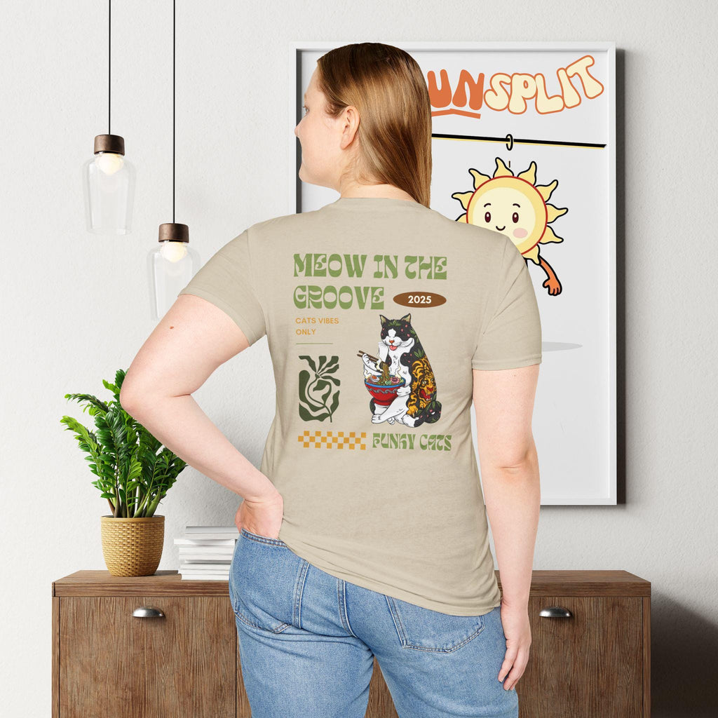 Cute Cat Ramen T-Shirt, Meow in the Groove, Funny Cats Gift, Pet Lover Apparel, Cat Mom Gift