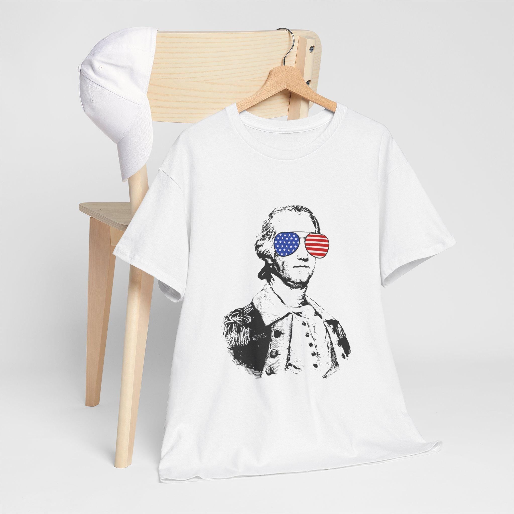 George Washington USA Sunglasses Unisex Tee, 4th of July American Pride Shirt, Patriotic US Flag Top, Independence Day Apparel, Presidents