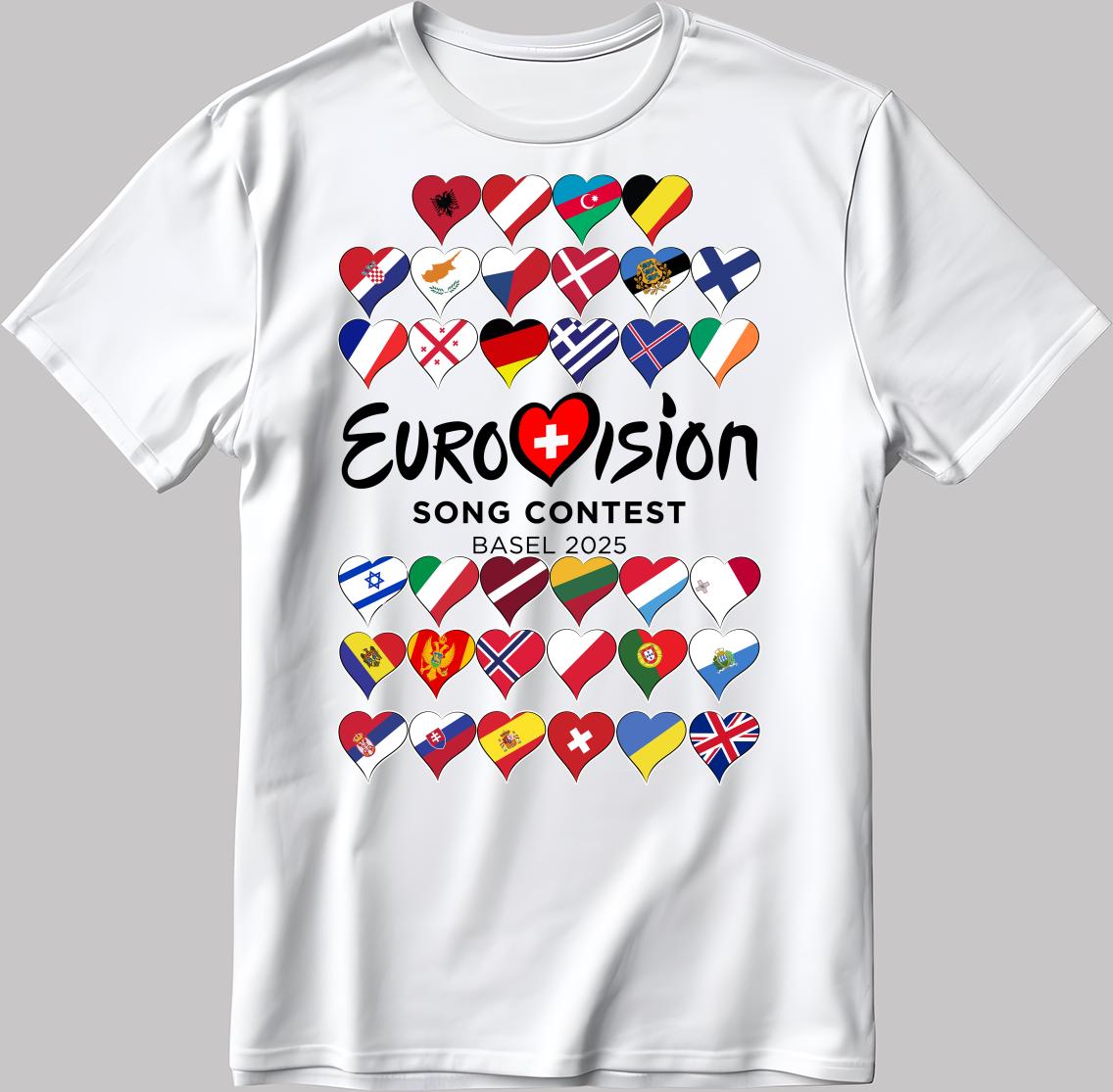 All Flag Eurovision Song Contest BASEL 2025 White-Black Men / Women T Shirt EU25
