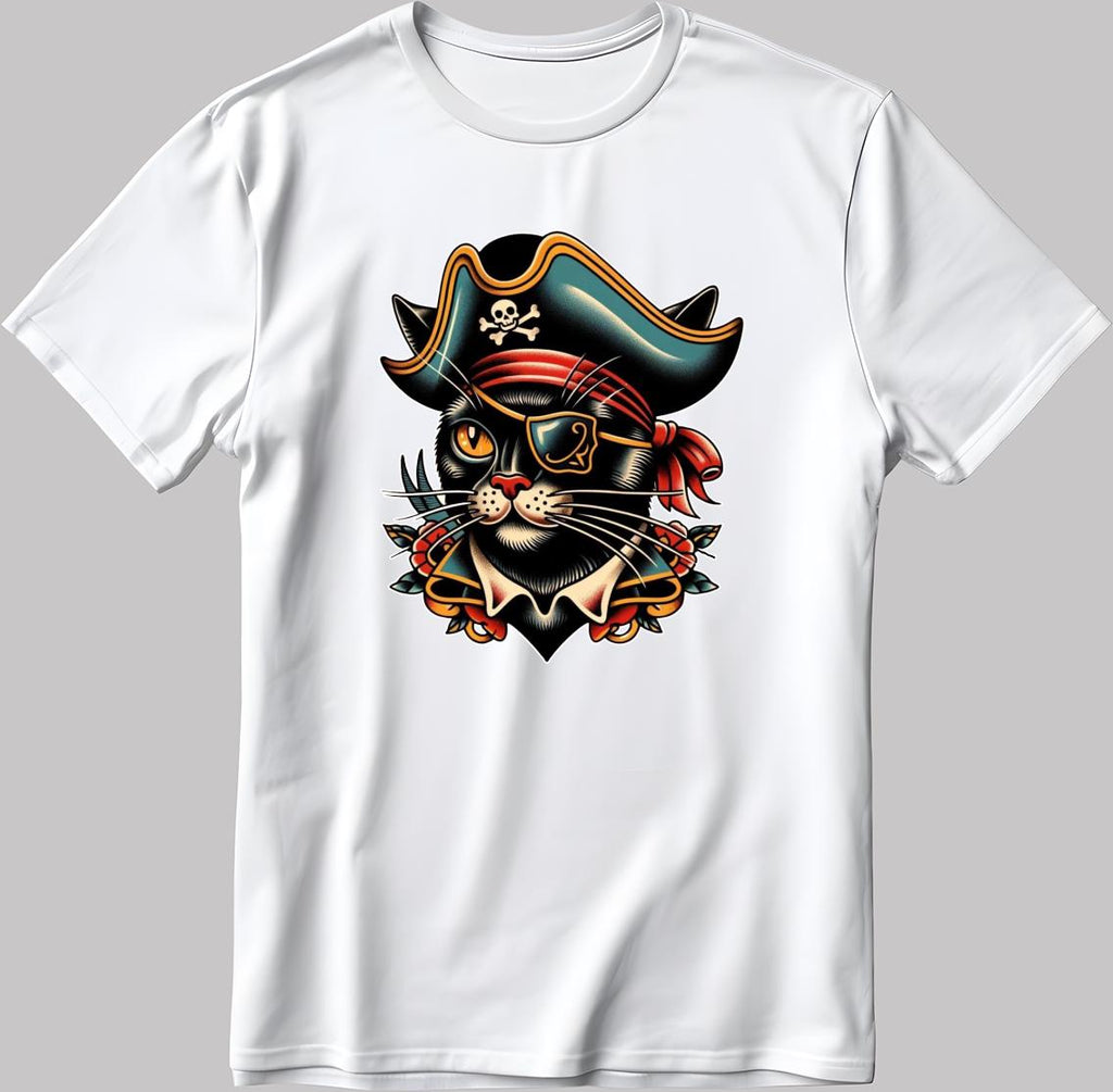 Pirate Cat Short Sleeve White-Black Men's / Women's T Shirt P313