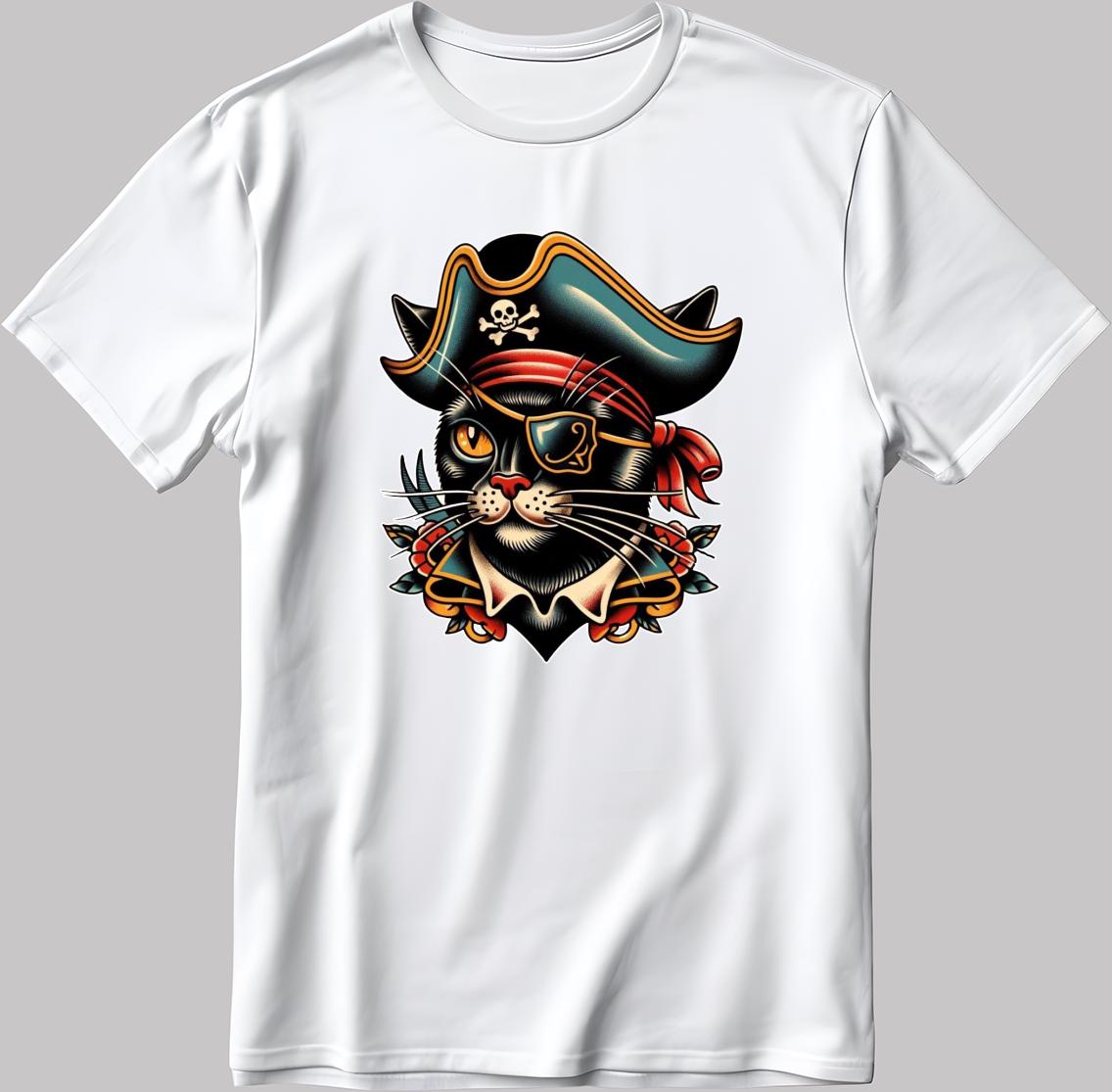 Pirate Cat Short Sleeve White-Black Men's / Women's T Shirt P313