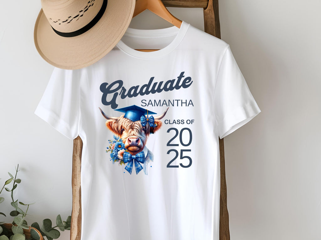 Graduation T-Shirt with Custom Name, Personalized Graduate Shirt, Graduation Gift, High School College Graduation Apparel, Coquette Bow Cow