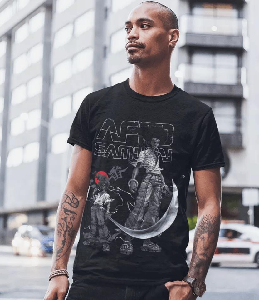 African Warrior Shirt | Black Samurai Tee, Tribal Warrior T-Shirt, Afro Ninja Apparel, Ebony Swordsman Drip, Afro Anime Design