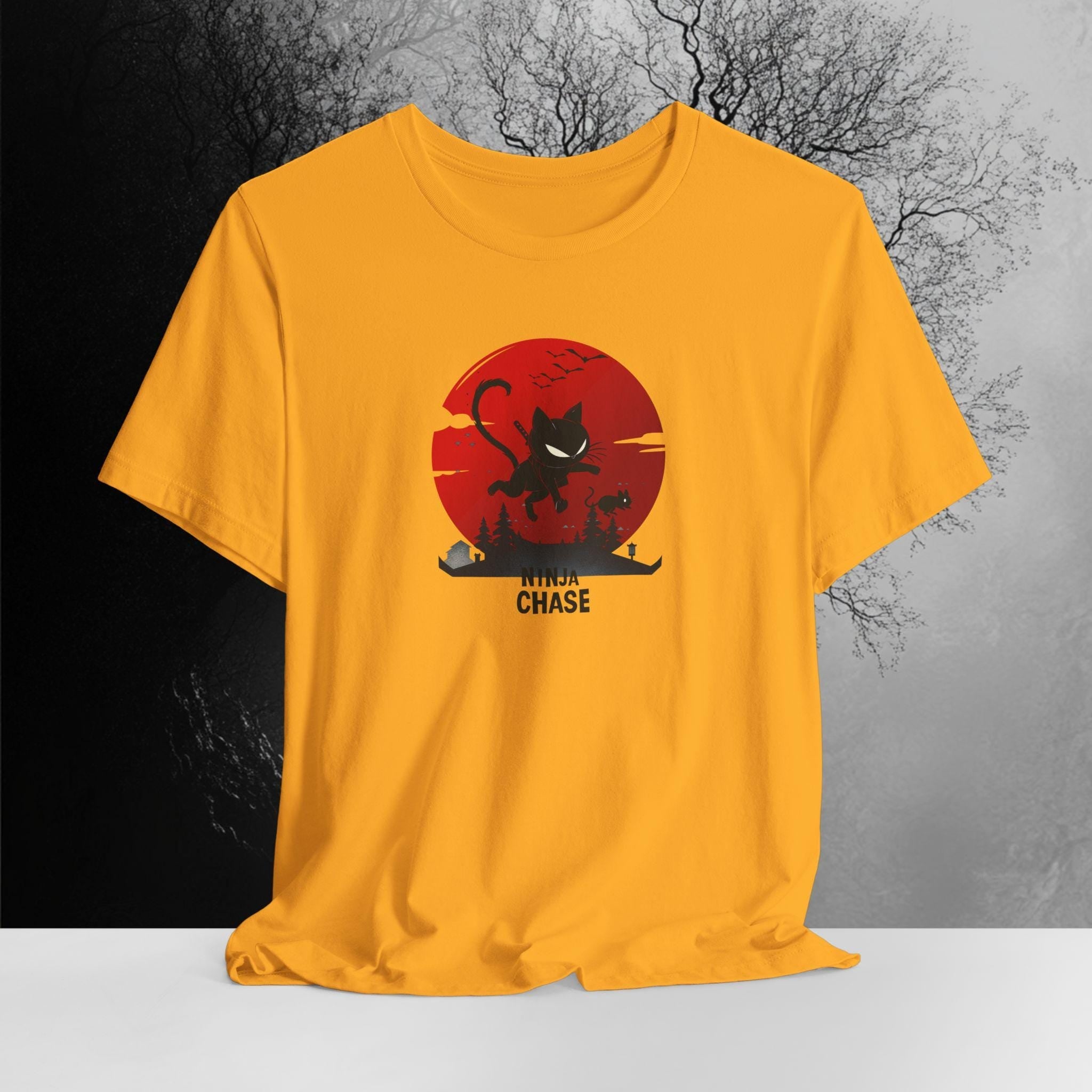 Ninja Cat Chasing Mouse Funny T-Shirt | Ninja Cat Apparel | Funny Kitten Tee | Hilarious Gift for Kitten Lover | Bella Canvas XS to 5XL