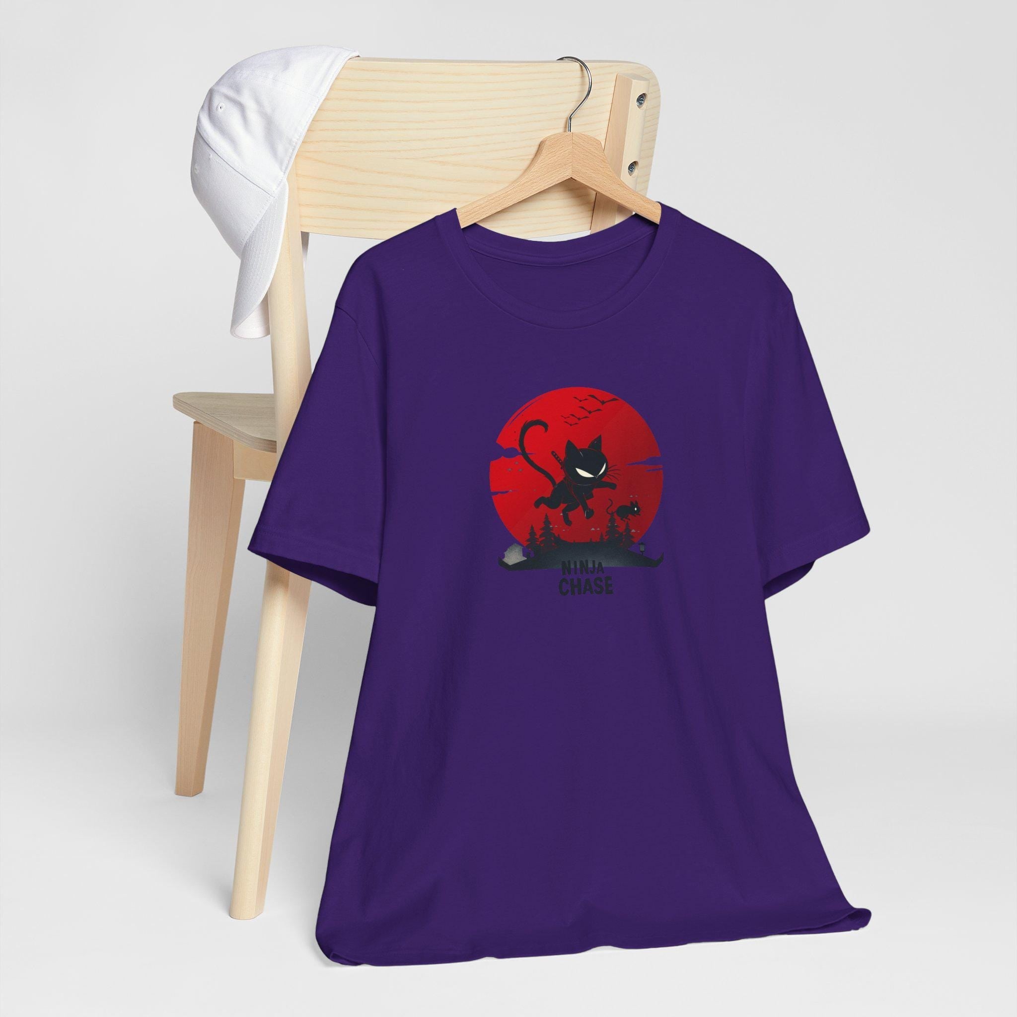Ninja Cat Chasing Mouse Funny T-Shirt | Ninja Cat Apparel | Funny Kitten Tee | Hilarious Gift for Kitten Lover | Bella Canvas XS to 5XL
