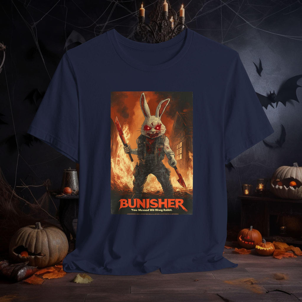 Funny Killer Rabbit Apparel | The Bunisher Killer Bunny T-Shirt | Horror Bunny Tee | You Messed With Wrong Rabbit Shirt | Halloween Tee