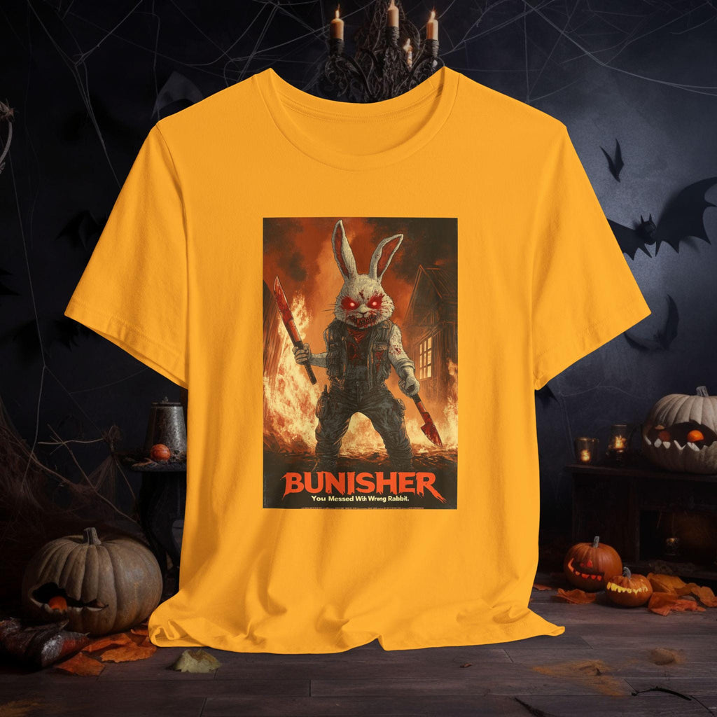Funny Killer Rabbit Apparel | The Bunisher Killer Bunny T-Shirt | Horror Bunny Tee | You Messed With Wrong Rabbit Shirt | Halloween Tee