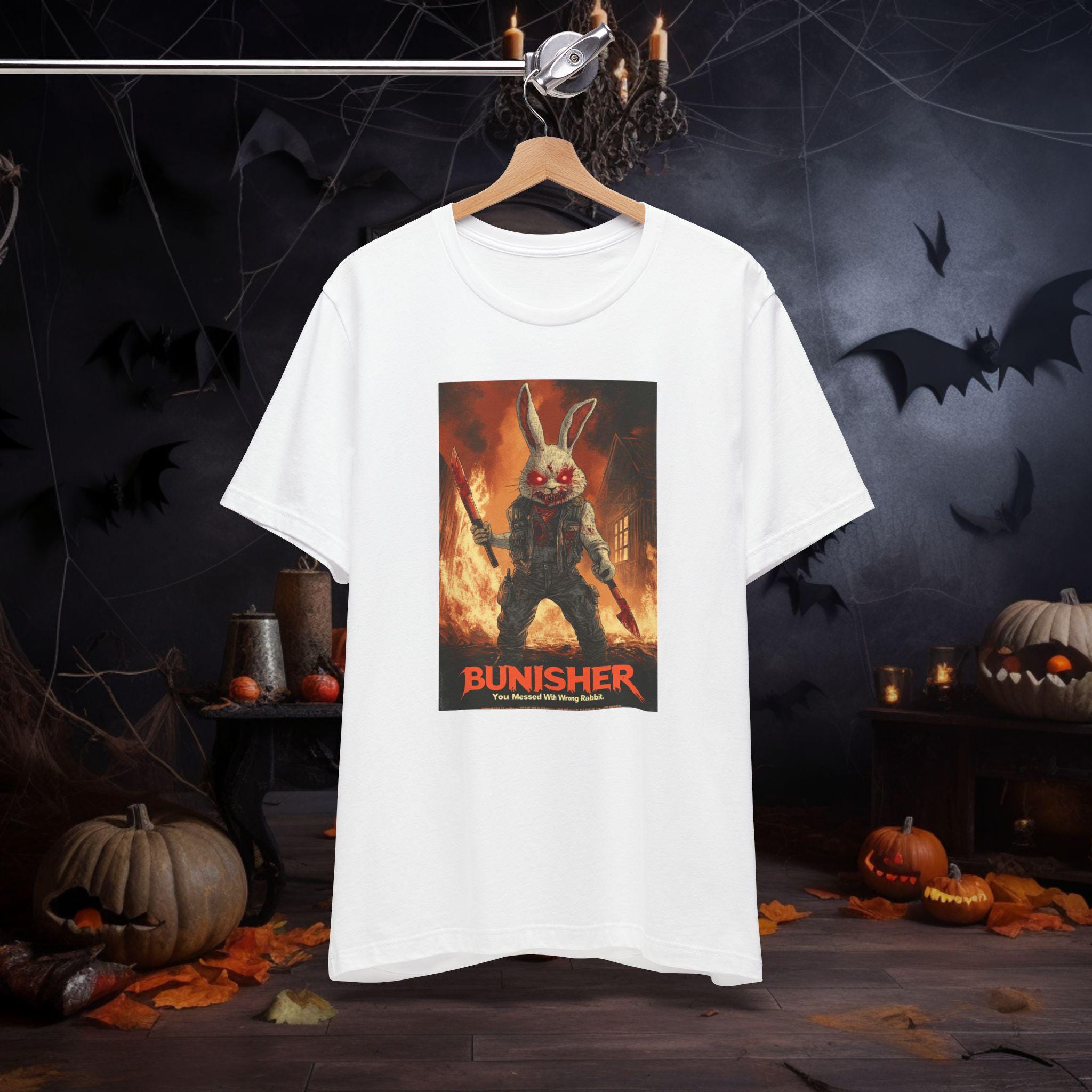 Funny Killer Rabbit Apparel | The Bunisher Killer Bunny T-Shirt | Horror Bunny Tee | You Messed With Wrong Rabbit Shirt | Halloween Tee