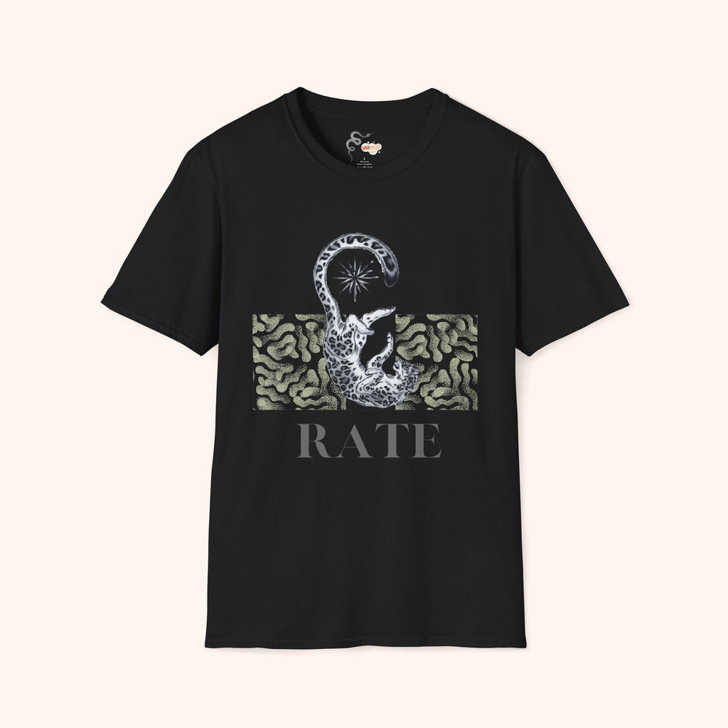 Chic Leopard Unisex Softstyle T-Shirt with 'RATE' Graphic, Casual Wear, Gift Idea, Everyday Comfort, Trendy Style, Summer Essential