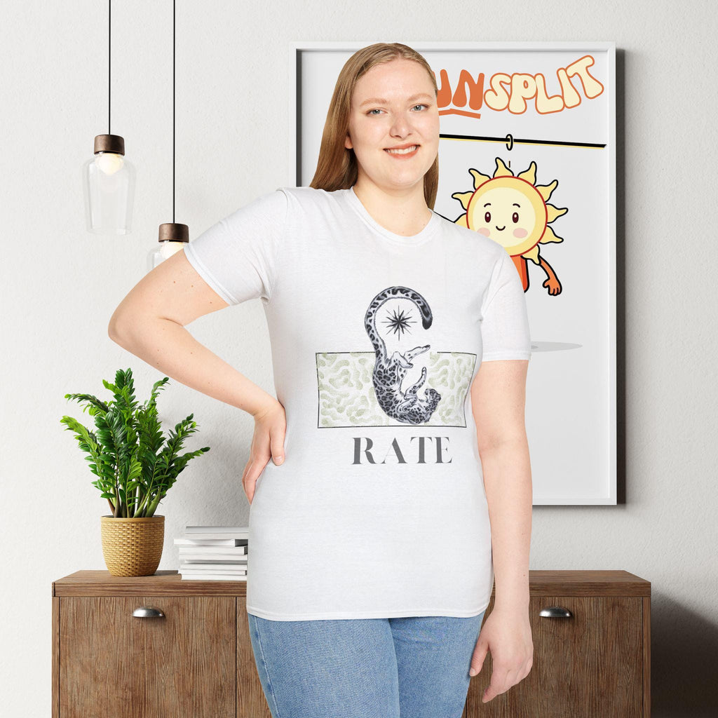 Chic Leopard Unisex Softstyle T-Shirt with 'RATE' Graphic, Casual Wear, Gift Idea, Everyday Comfort, Trendy Style, Summer Essential