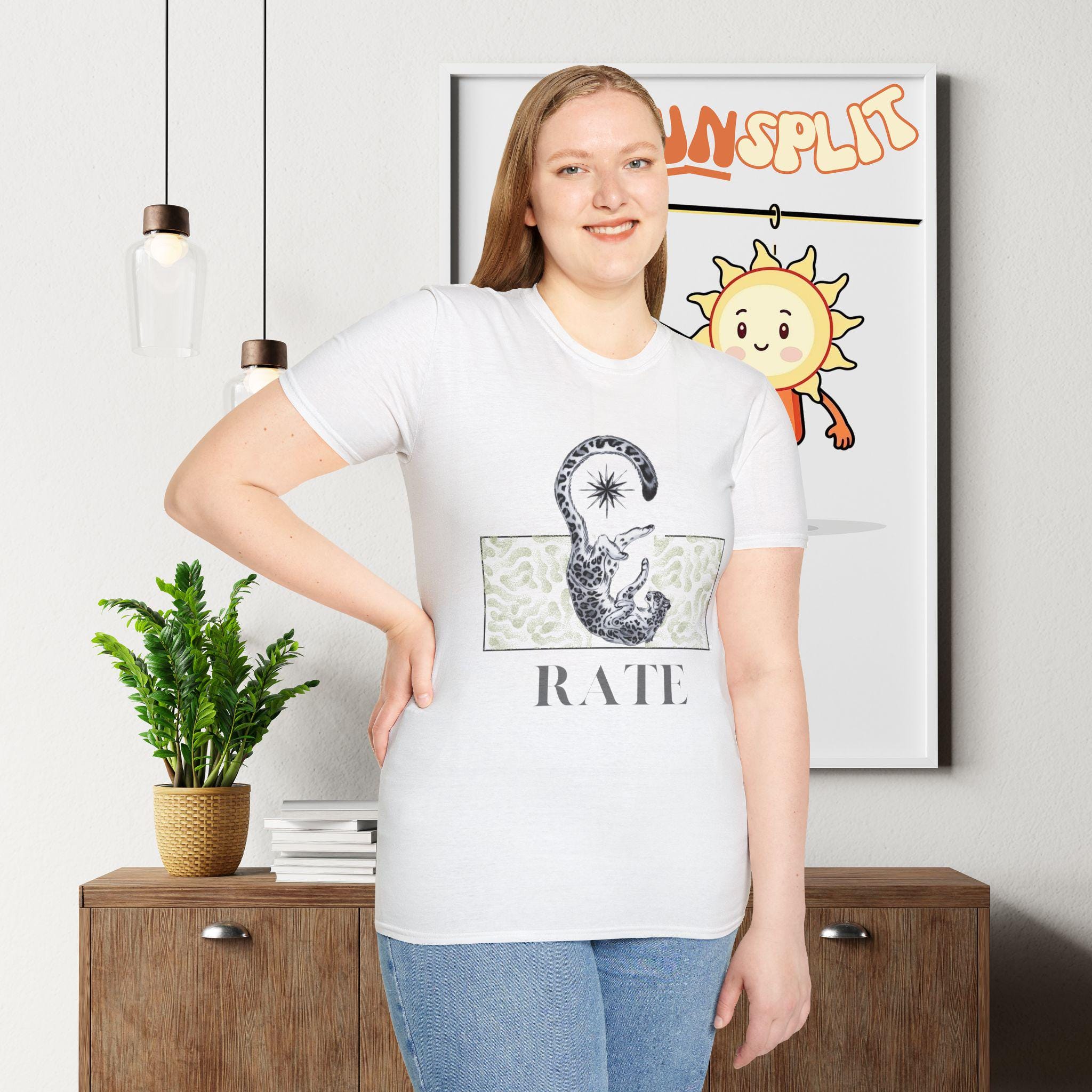 Chic Leopard Unisex Softstyle T-Shirt with 'RATE' Graphic, Casual Wear, Gift Idea, Everyday Comfort, Trendy Style, Summer Essential