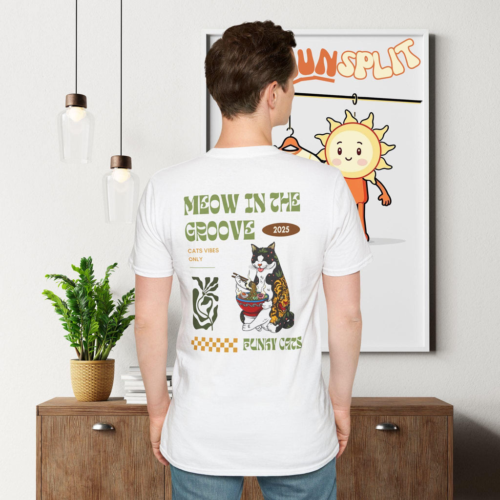 Cute Cat Ramen T-Shirt, Meow in the Groove, Funny Cats Gift, Pet Lover Apparel, Cat Mom Gift
