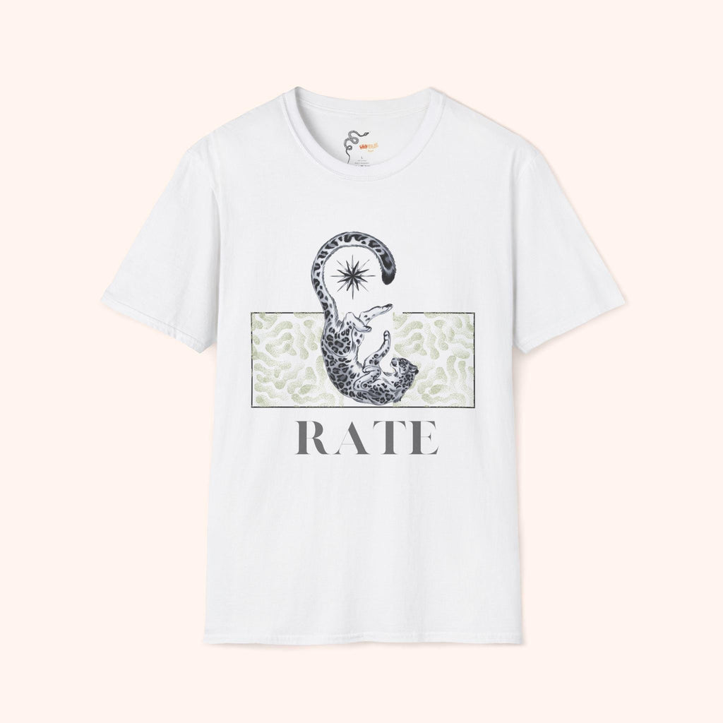 Chic Leopard Unisex Softstyle T-Shirt with 'RATE' Graphic, Casual Wear, Gift Idea, Everyday Comfort, Trendy Style, Summer Essential