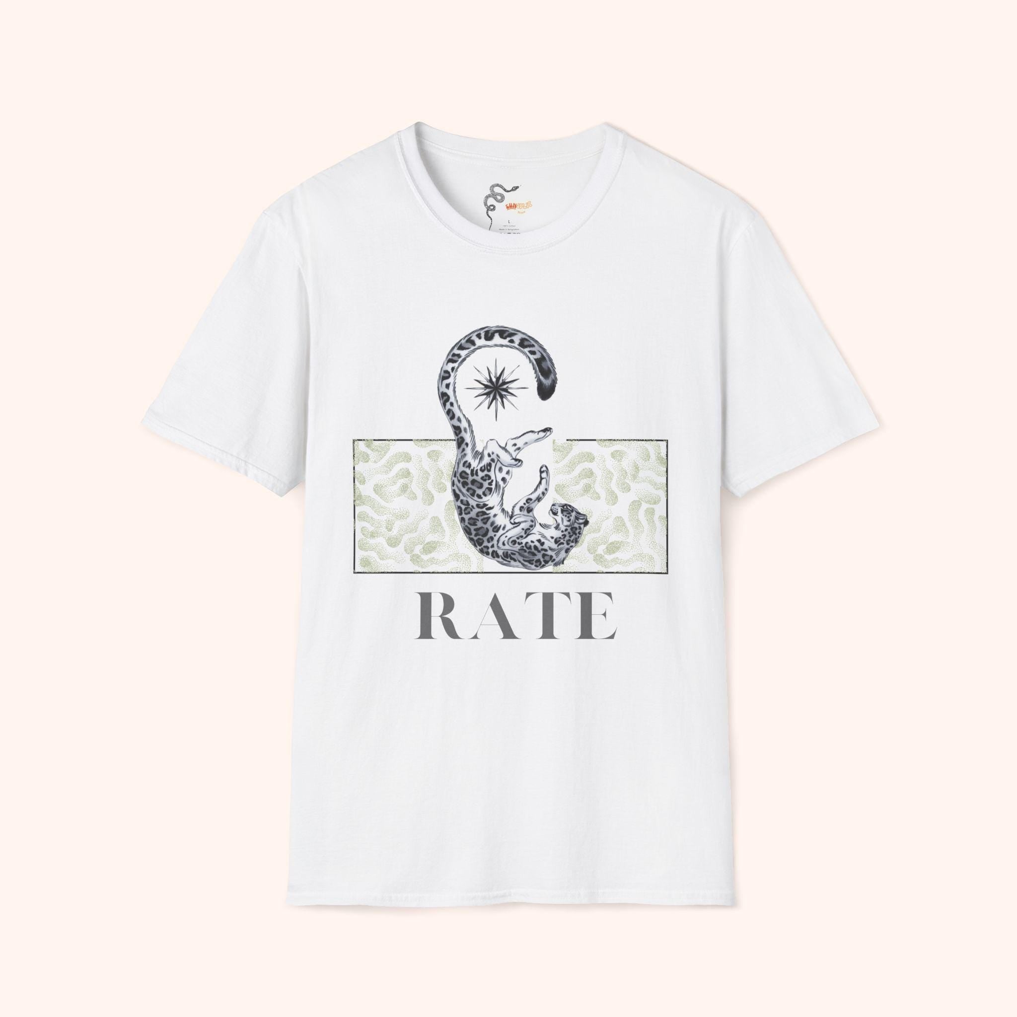 Chic Leopard Unisex Softstyle T-Shirt with 'RATE' Graphic, Casual Wear, Gift Idea, Everyday Comfort, Trendy Style, Summer Essential