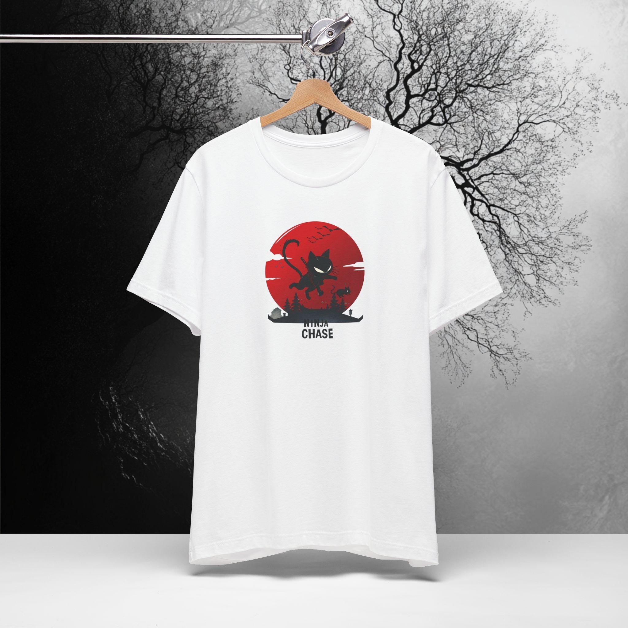 Ninja Cat Chasing Mouse Funny T-Shirt | Ninja Cat Apparel | Funny Kitten Tee | Hilarious Gift for Kitten Lover | Bella Canvas XS to 5XL