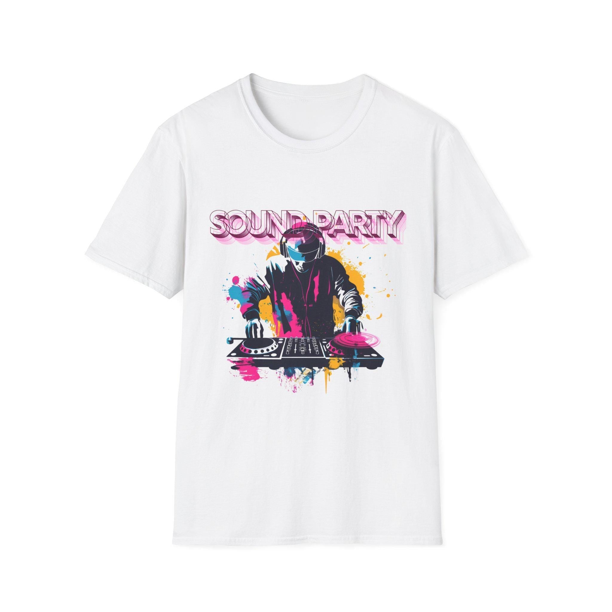 Vibrant DJ Graphic Tee, Unisex Softstyle T-Shirt for Music Lovers, Festival Attire, Gift for DJs and Party Goers, Casual Wear, Street Style