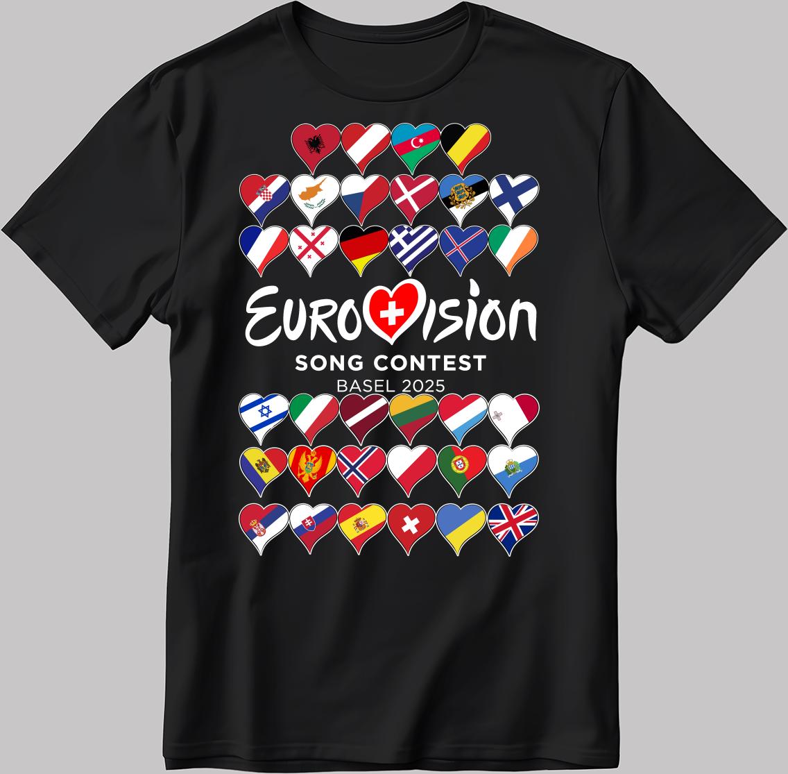 All Flag Eurovision Song Contest BASEL 2025 White-Black Men / Women T Shirt EU25
