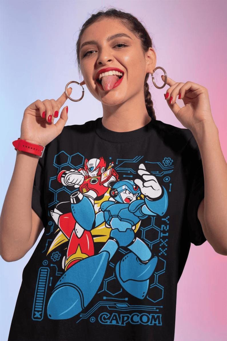 Unisex Mega Boy Rockman Cannon Premium Unisex T-shirt Mega Man Blue Bomber Gaming Shirt