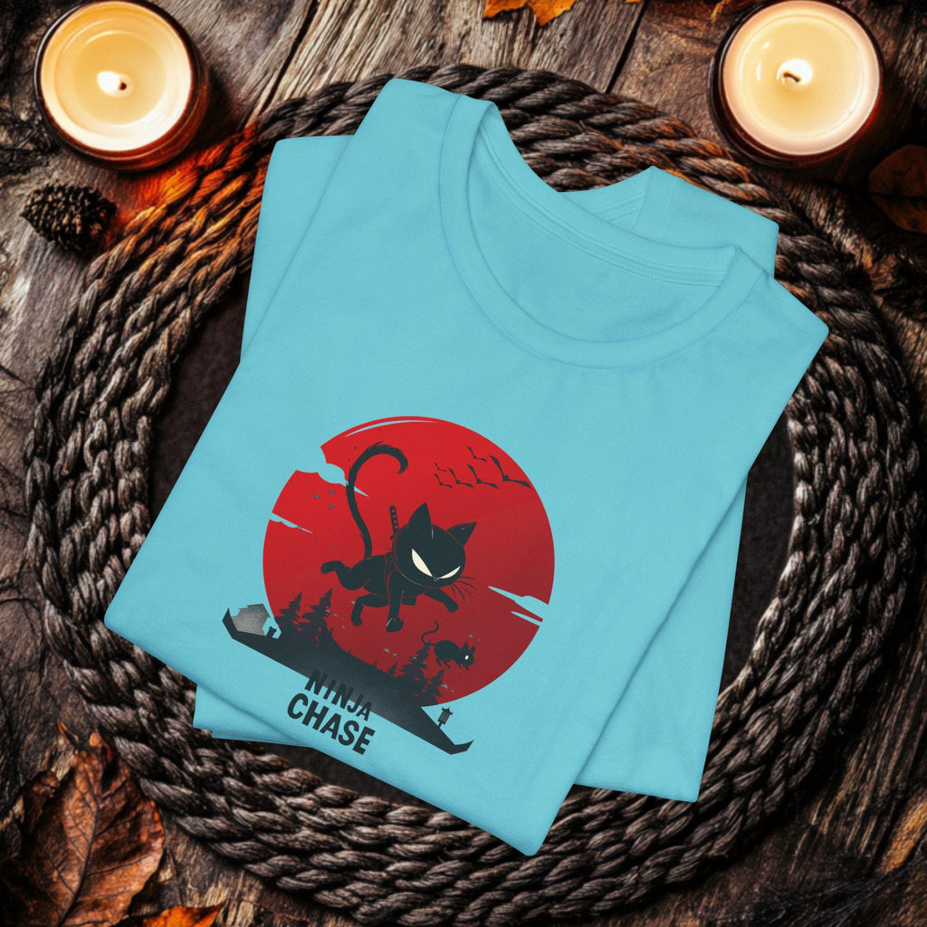 Ninja Cat Chasing Mouse Funny T-Shirt | Ninja Cat Apparel | Funny Kitten Tee | Hilarious Gift for Kitten Lover | Bella Canvas XS to 5XL