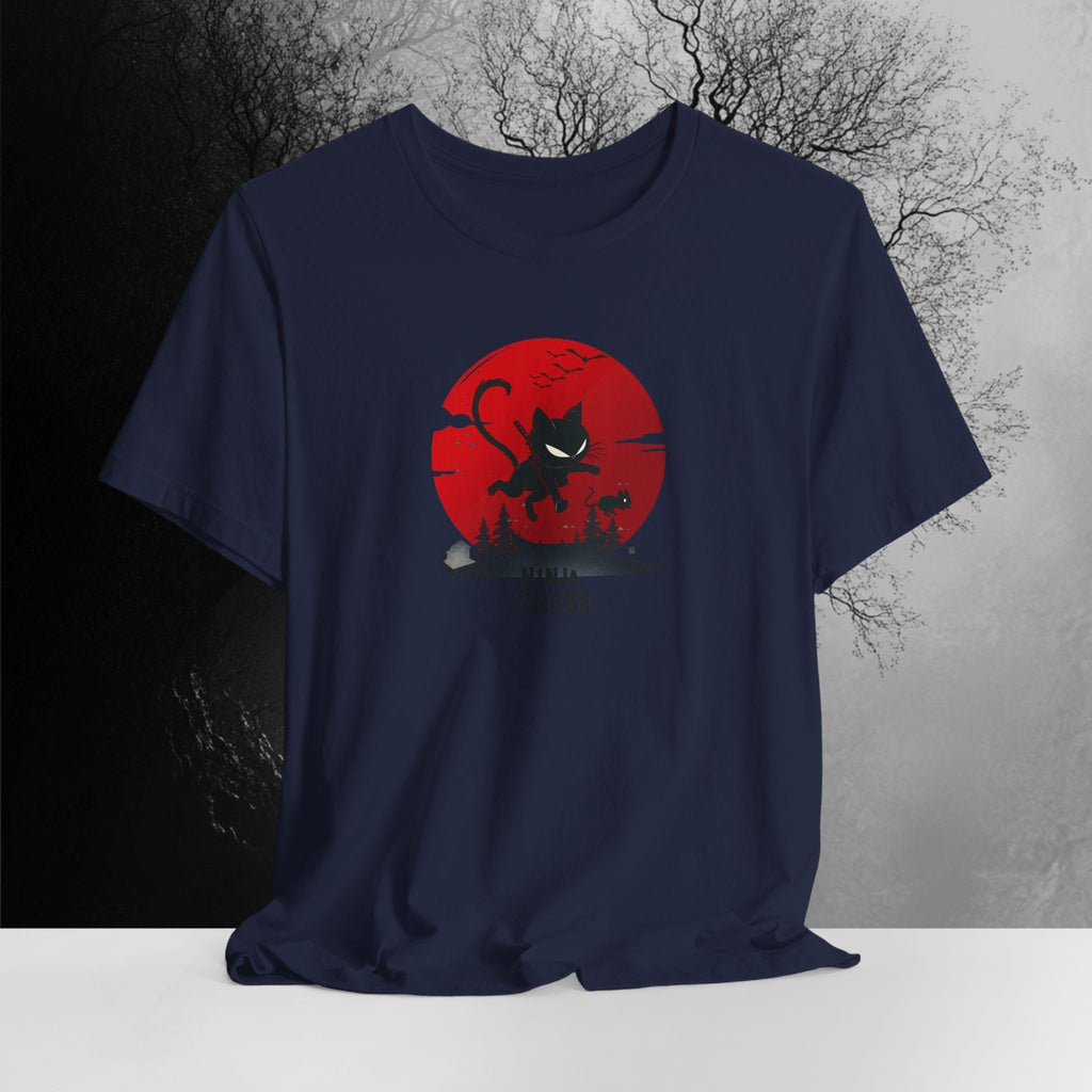 Ninja Cat Chasing Mouse Funny T-Shirt | Ninja Cat Apparel | Funny Kitten Tee | Hilarious Gift for Kitten Lover | Bella Canvas XS to 5XL
