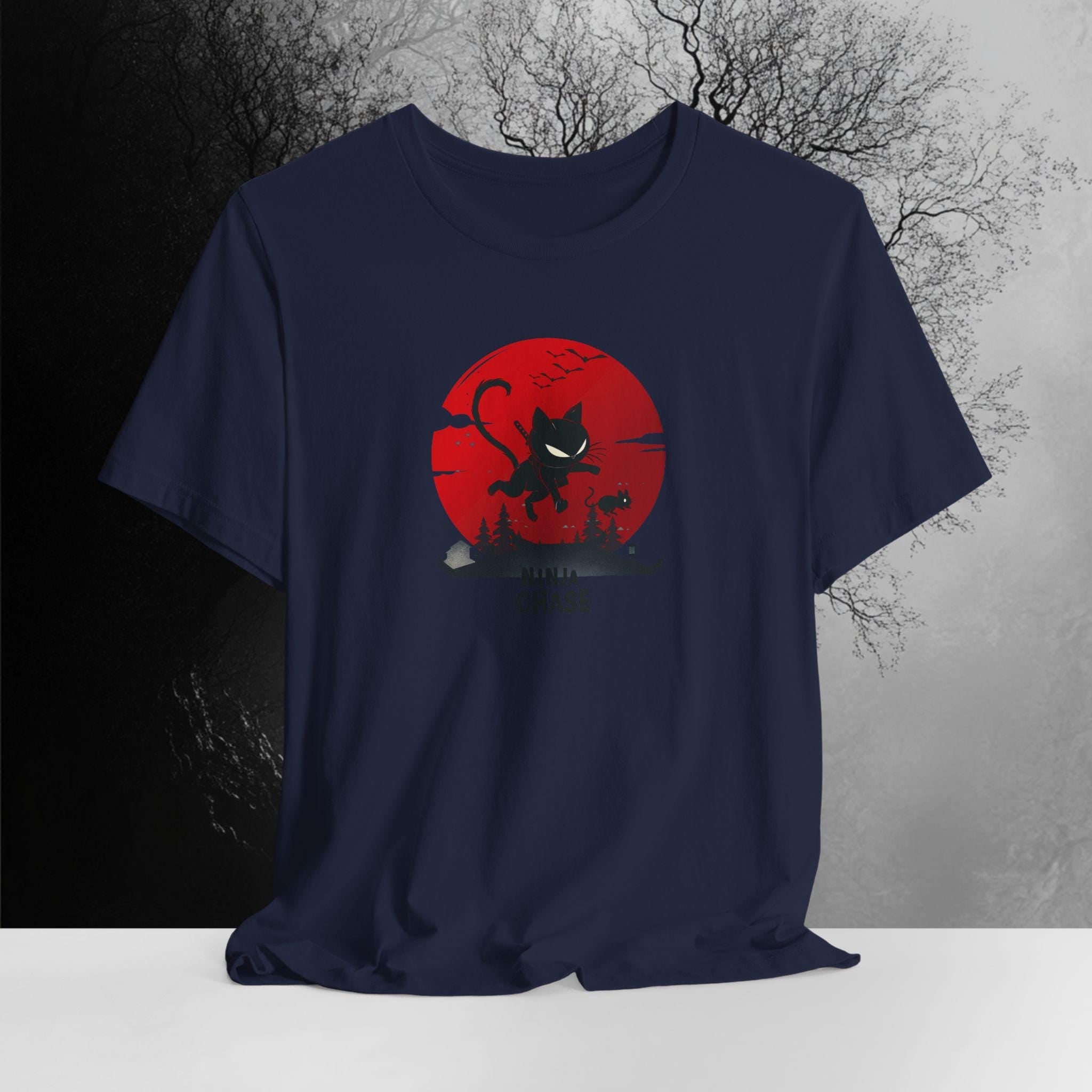 Ninja Cat Chasing Mouse Funny T-Shirt | Ninja Cat Apparel | Funny Kitten Tee | Hilarious Gift for Kitten Lover | Bella Canvas XS to 5XL