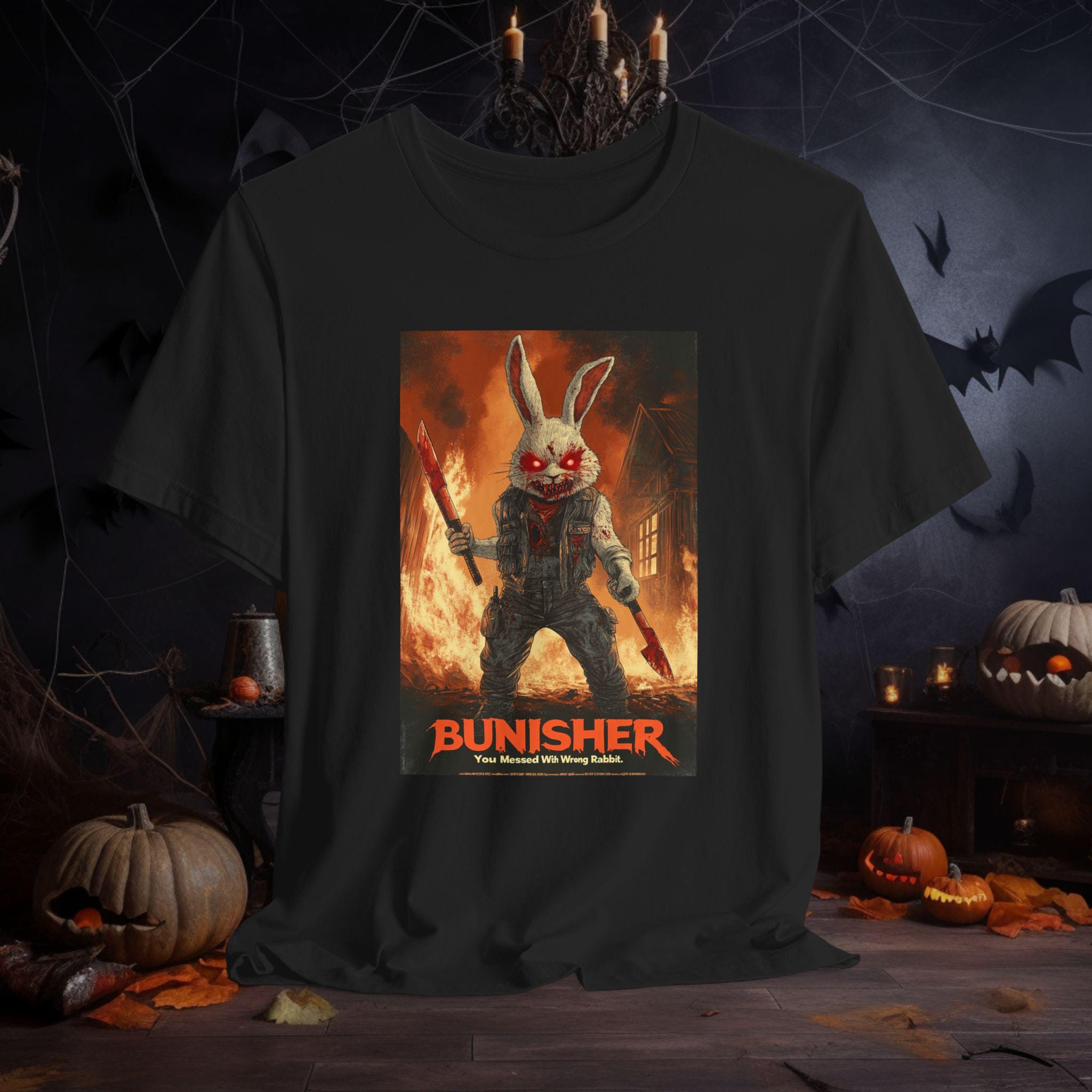 Funny Killer Rabbit Apparel | The Bunisher Killer Bunny T-Shirt | Horror Bunny Tee | You Messed With Wrong Rabbit Shirt | Halloween Tee