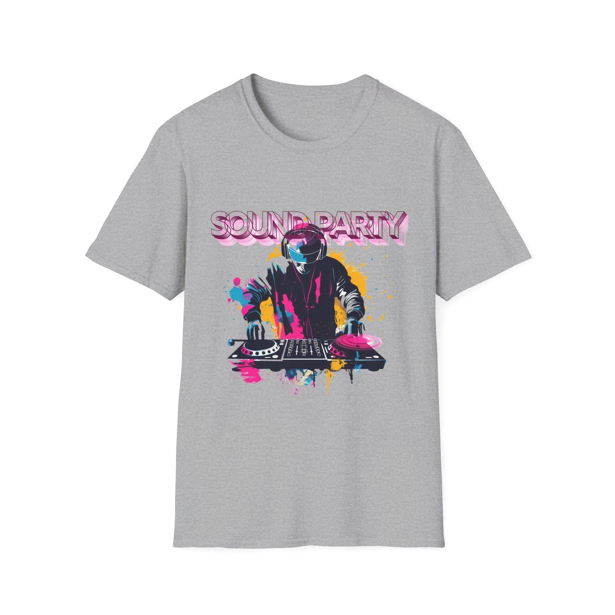 Vibrant DJ Graphic Tee, Unisex Softstyle T-Shirt for Music Lovers, Festival Attire, Gift for DJs and Party Goers, Casual Wear, Street Style