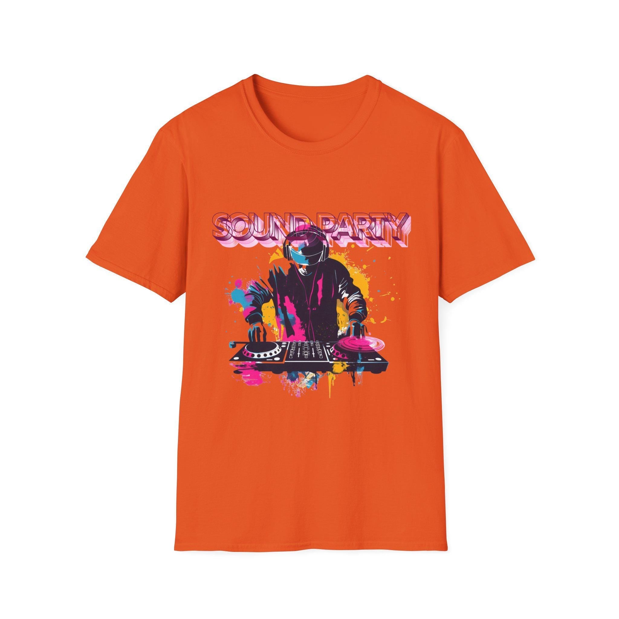 Vibrant DJ Graphic Tee, Unisex Softstyle T-Shirt for Music Lovers, Festival Attire, Gift for DJs and Party Goers, Casual Wear, Street Style