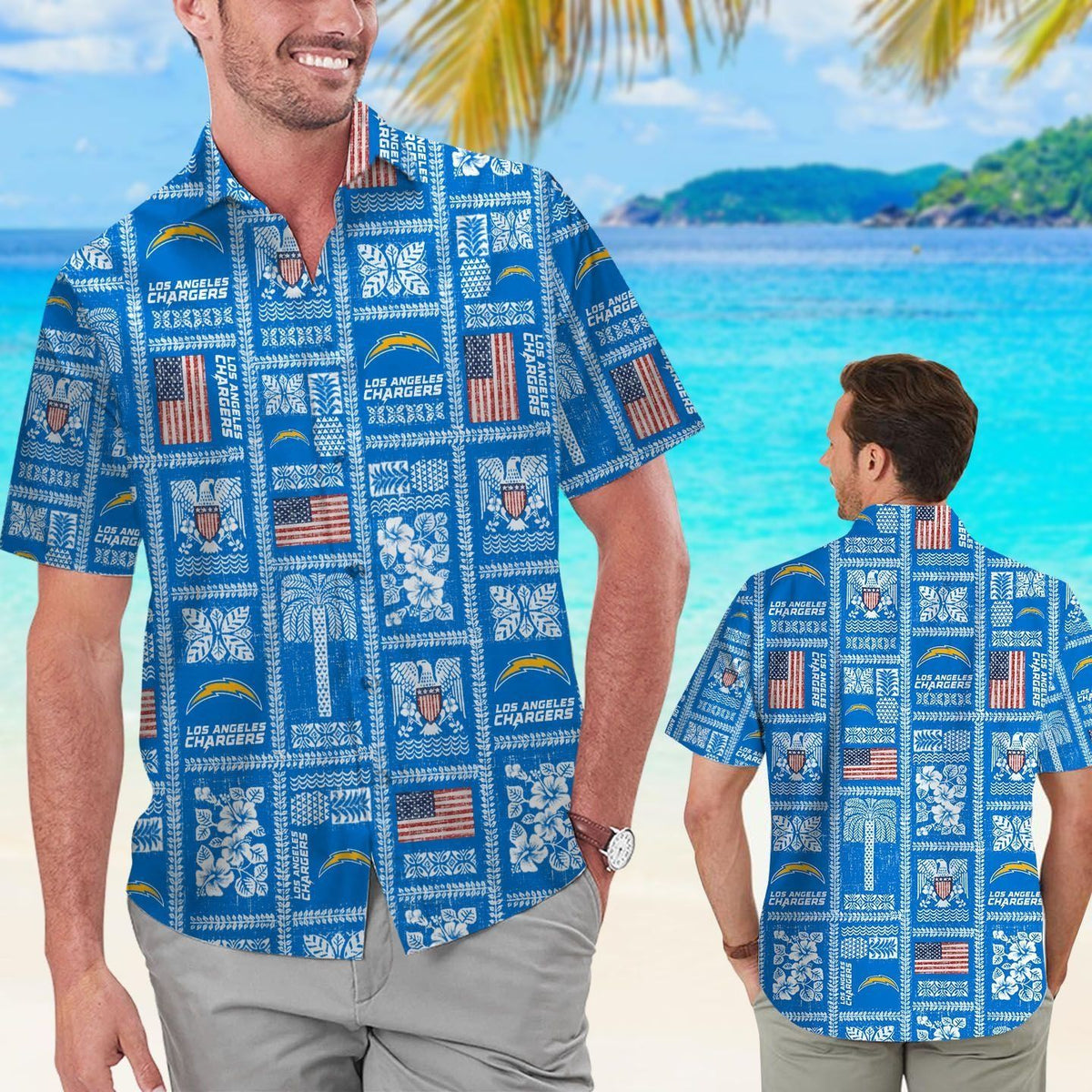 Los Angeles Chargers Summer Commemorative Short Sleeve Button Up Tropical Hawaiian Shirt