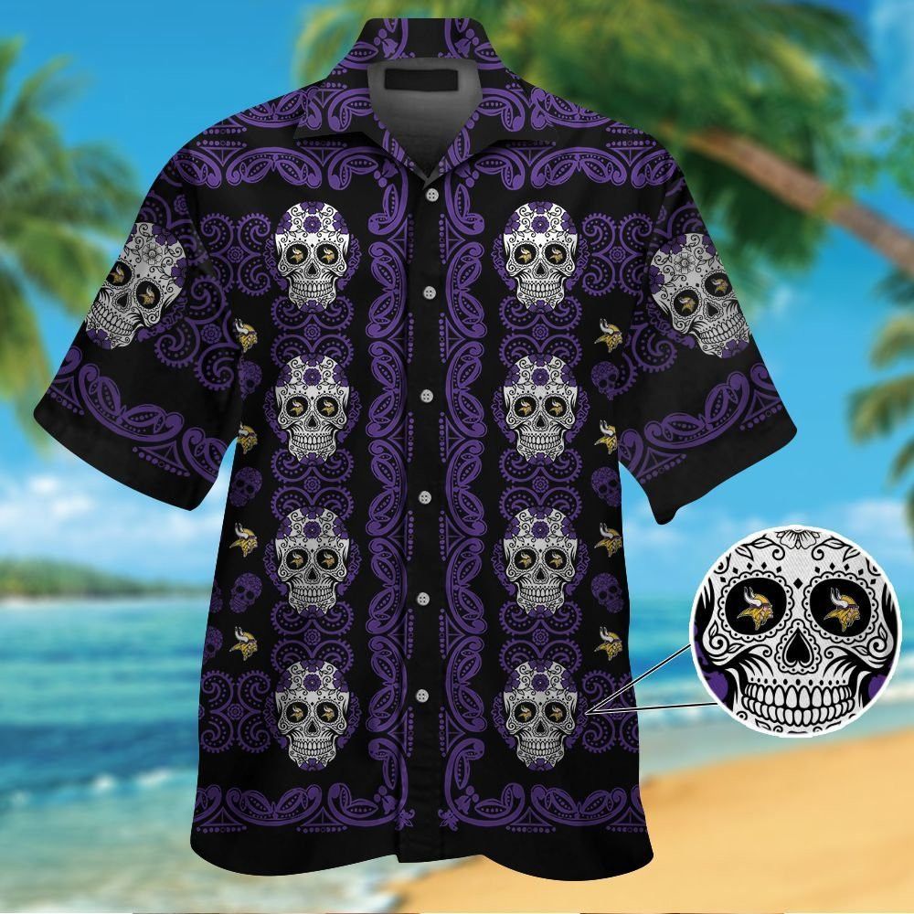 Minnesota Vikingsskull Short Sleeve Button Up Tropical Hawaiian Shirt VER01