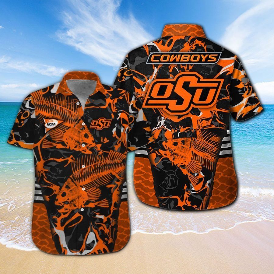 Oklahoma State Cowboys Fishing Short Sleeve Button Up Tropical Hawaiian Shirt