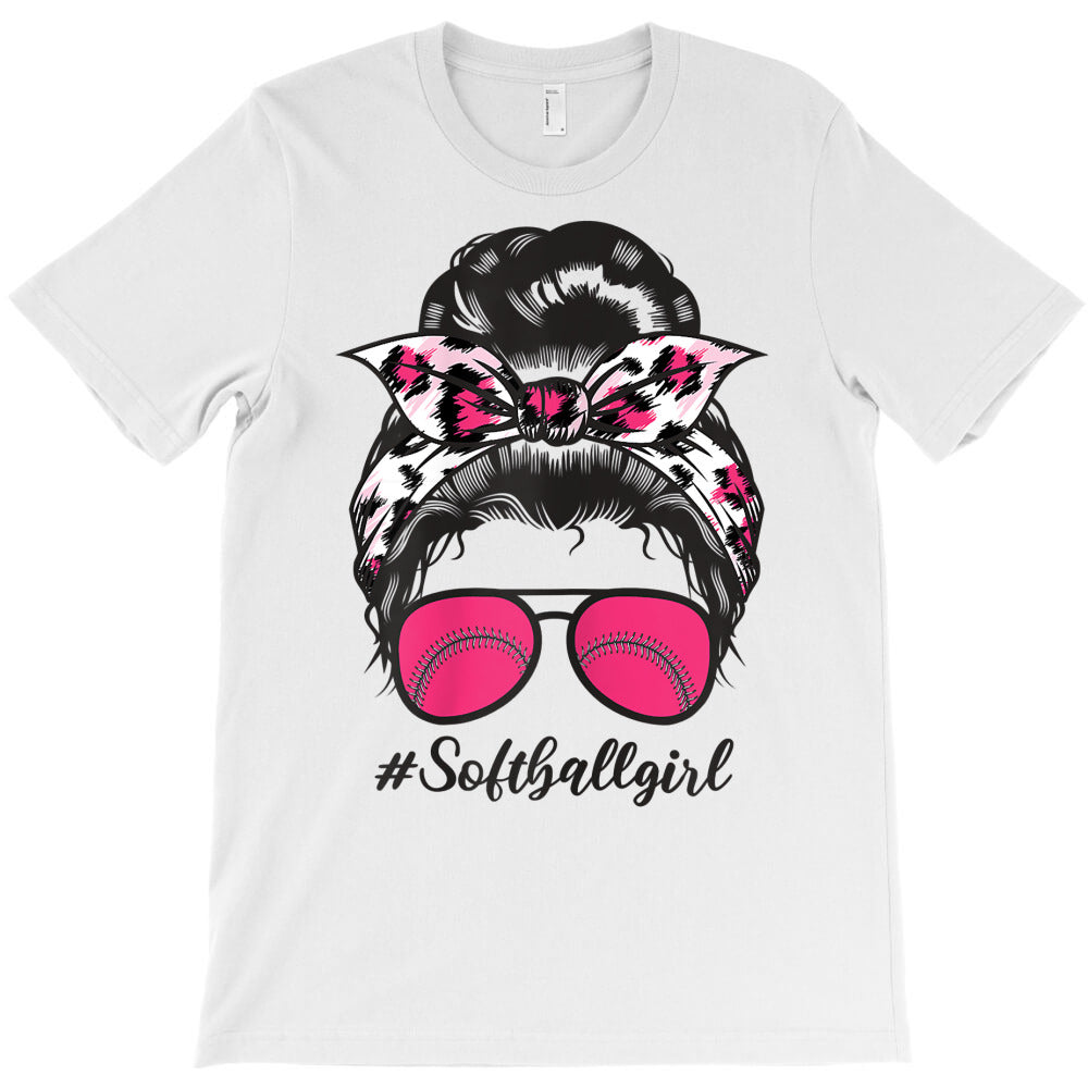 softball girl pink leopard print messy bun sunglasses t shirt T-Shirt