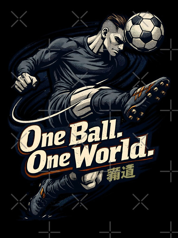 Dynamic Anime Soccer Player Action Art - One Ball One World Global Football Unity Illustration - Intense Striker Mid-Air Kick Manga Style Graphic - Sport Motivation and World Cup Spirit by Vivaan Studio