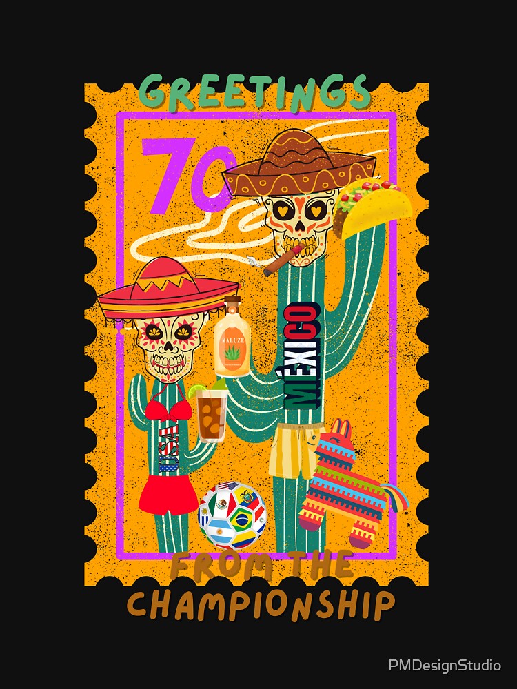 Greetings From 70s Mexico Retro Soccer Fan Skeleton Vintage Travel Style Tee by PMDesignStudio