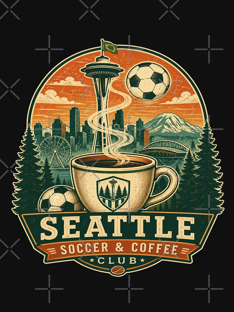 Seattle Soccer & Coffee Club Retro Travel Shirt | Space Needle Coffee Soccer Ball Seattle by Globalcitytees