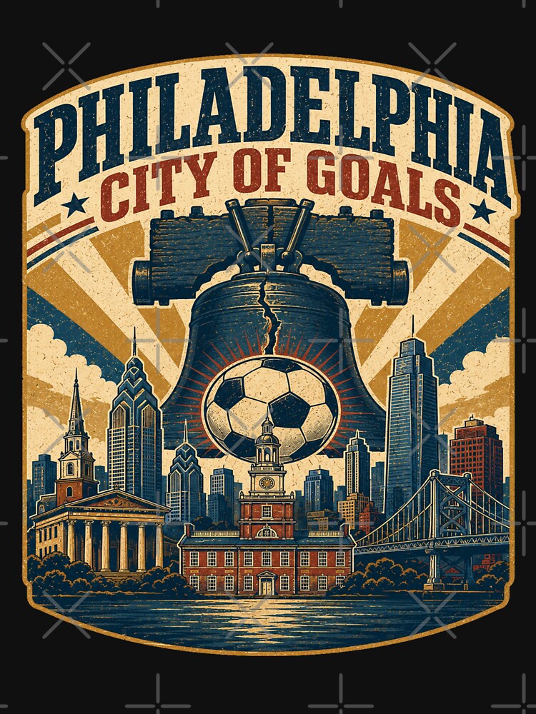 Philadelphia City of Goals Retro Soccer Travel Shirt | Liberty Bell Skyline Vintage Americana Philadelphia Fan Design by Globalcitytees