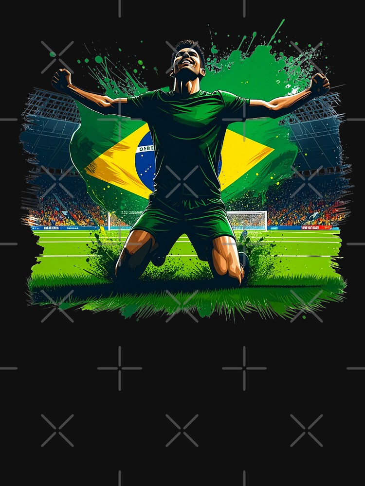Brazil Soccer Player Celebration. Brazilian flag football fan kneeling goal celebration on the pitch. Brazil supporter design for soccer lovers, football fans, players and team spirit gifts. by icemanphotos