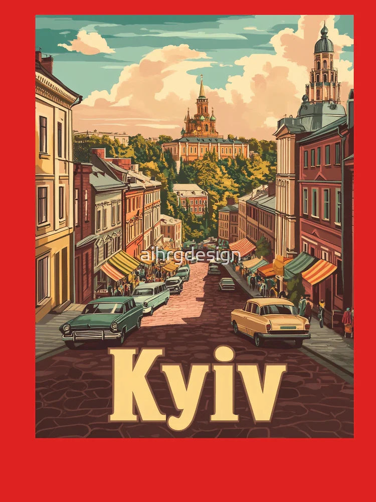 A lively view of a Kyiv street filled with vintage cars, bustling with activity, and flanked by colorful market stalls. The backdrop Classic T-Shirt