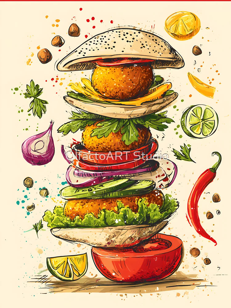 Towering Falafel Delight with Floating Spices and Vibrant Veggies in a Playful Culinary Whirl Classic T-Shirt