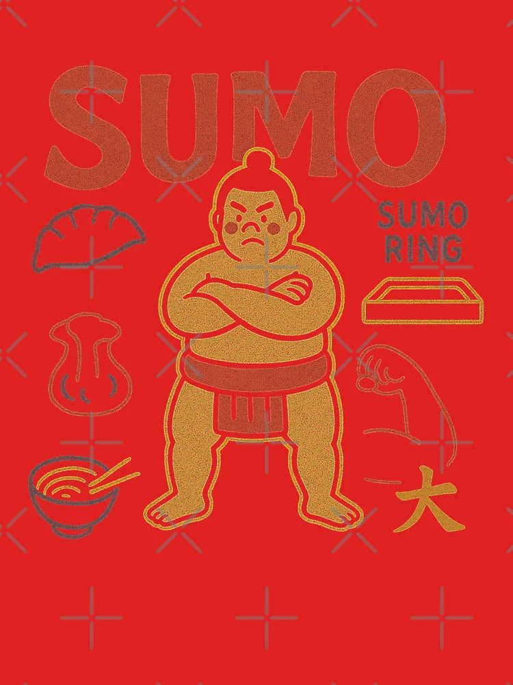 Grumpy Sumo Wrestler with Japanese Food and Strength Icons Classic T-Shirt
