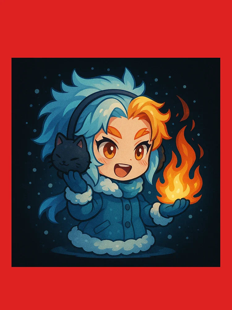 Frozen Flame Girl & Cat Earmuffs – Chibi Fire & Ice Anime Art Classic T-Shirt