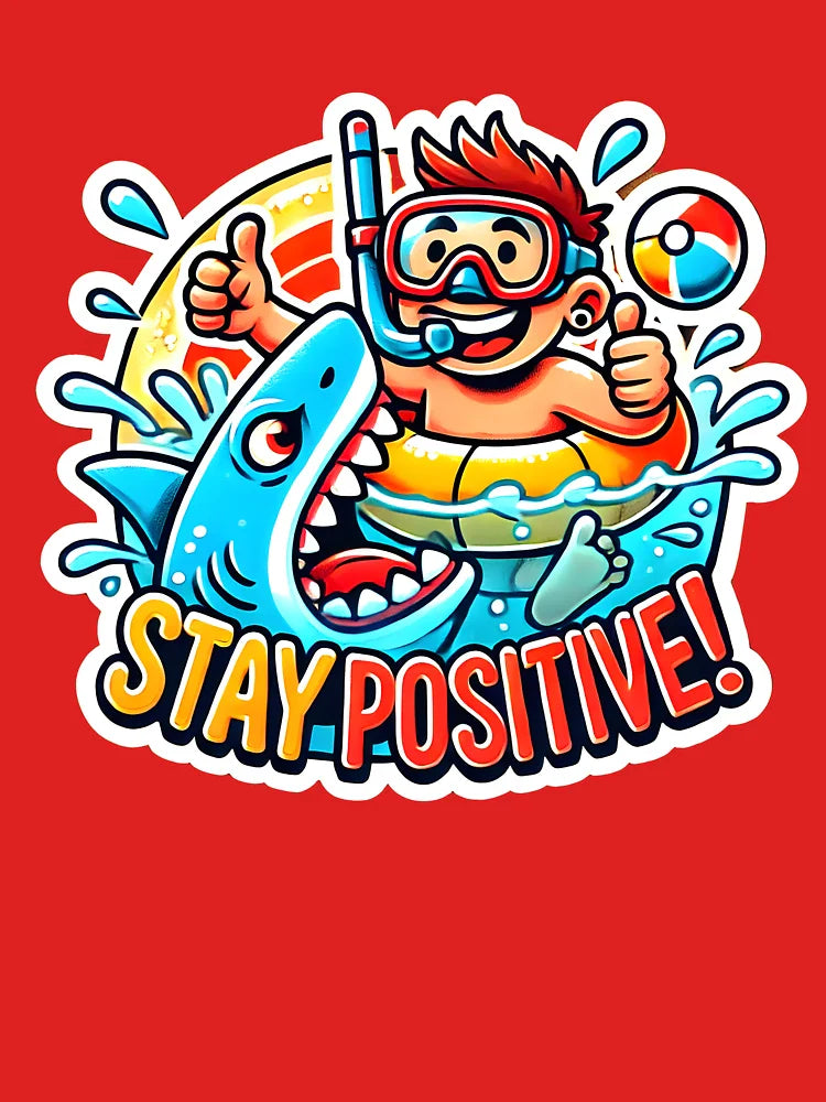 Funny "Stay Positive" Shark Attack Cartoon Sticker Snorkeling Boy in Danger with Thumbs Up Hilarious Summer Beach Humor Encouraging Gift for a Friend Optimistic Classic T-Shirt